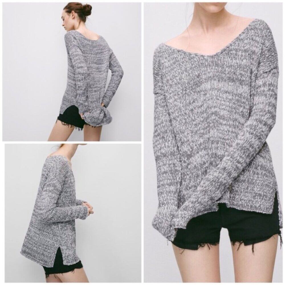 ARITZIA Talula Azurelee Heathered Grey V-Neck Long Sleeve Knit Sweater Size S